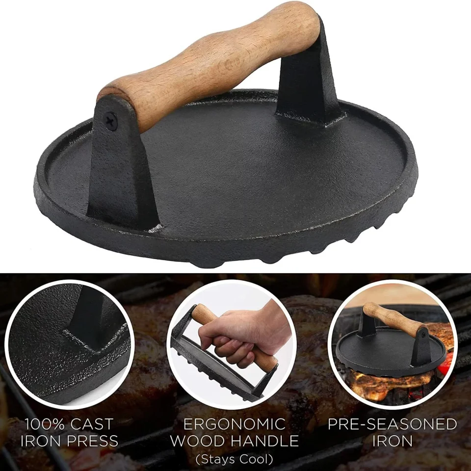 Bamboo Polished Cast Iron Grill Press Weight Steak Burger Press Griddles Flattops Bacon Paninis