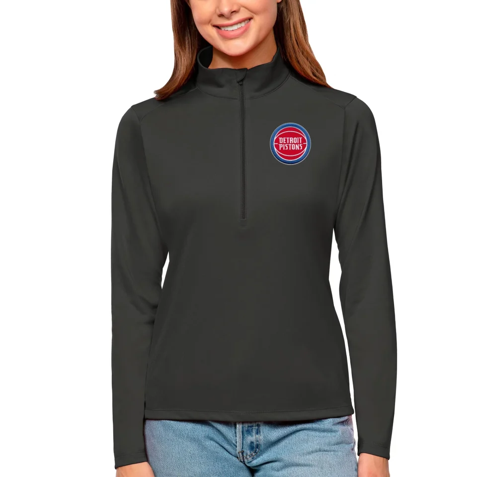 Space-Saving Women's Antigua Charcoal Detroit Pistons Tribute Half-Zip Top