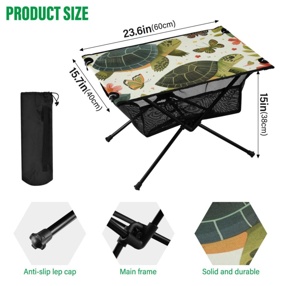 Multi-Purpose Turtle Butterfly and Leaf Camping Folding Table Portable Beach Table with Storage Bag Compact Picnic Table for Outdoor Travel Fishing BBQ