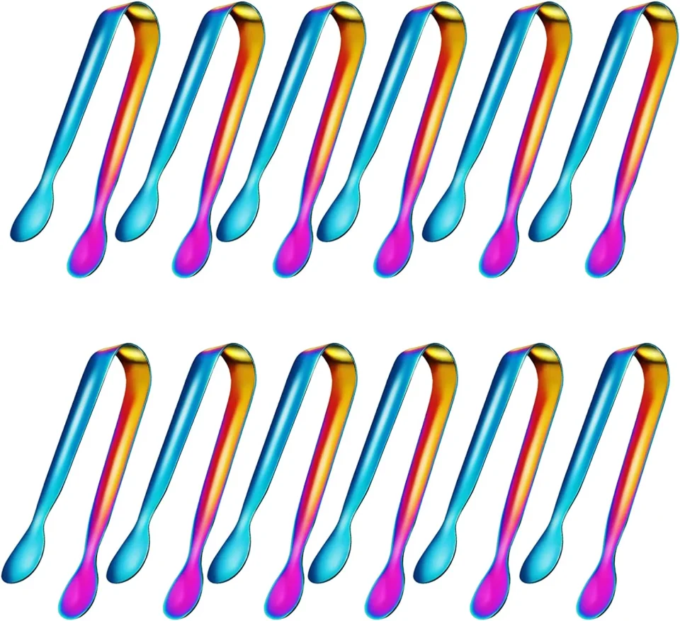 Clear Versatile 12 Pcs Serving Tongs,Small Serving Utensils for Parties Catering,Kitchen Tongs,Food-Grade 304 Stainless Steel Serving Tongs Cooking Tongs Set for Tea Party Coffee Bar, 4 Appetizer Tongs-Rainbow