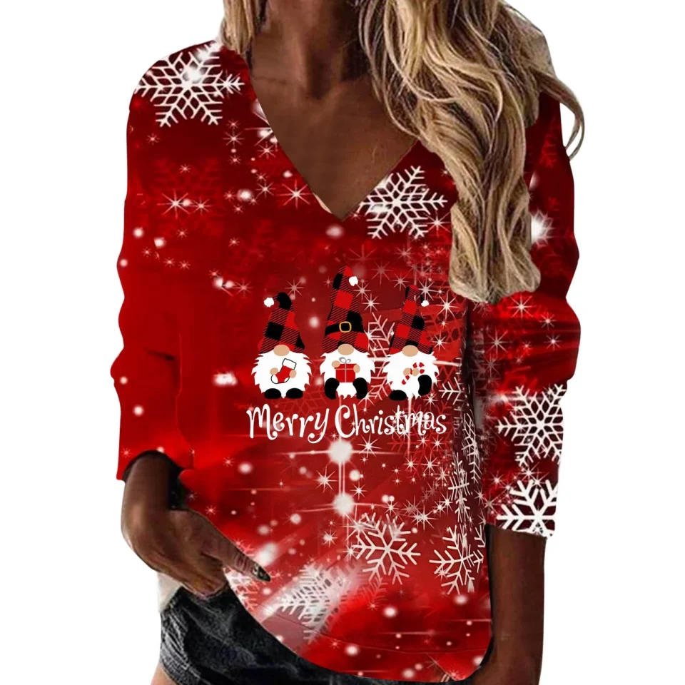 Multi-Purpose SZXZYGS Women Christmas Loose Sweatshirt Snowflake Deer Head Santa Cup Snowman Doll Print V Neck Sweatshirt Top Christmas Crewneck Sweatshirt Funny