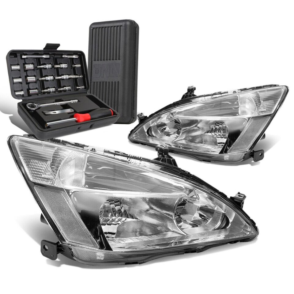 Prime Non-Toxic 2003-2007 Honda Accord Pair Chrome/Clear Signal Headlight Head Lamp+Tool Box