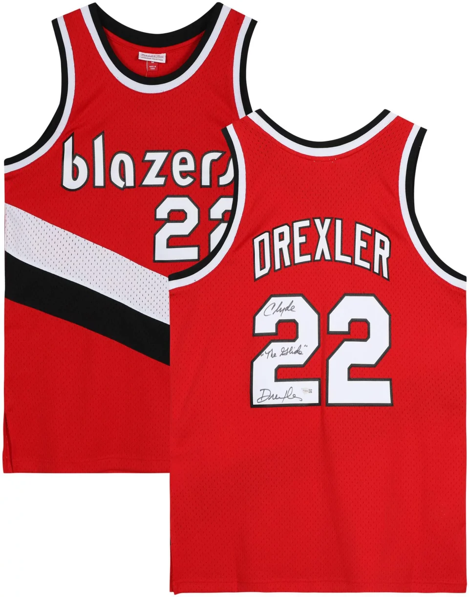 Food-Grade Clyde Drexler Portland Trail Blazers Autographed Red Mitchell and Ness Swingman Jersey with The Glide Inscription - Fanatics Authentic Certified