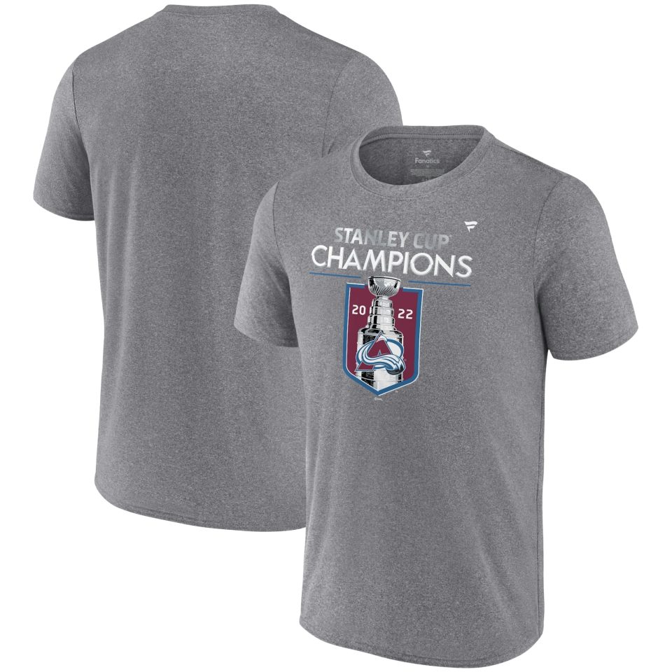 Travel Men's Fanatics Branded Heathered Gray Colorado Avalanche 2022 Stanley Cup Champions Locker Room Performance T-Shirt