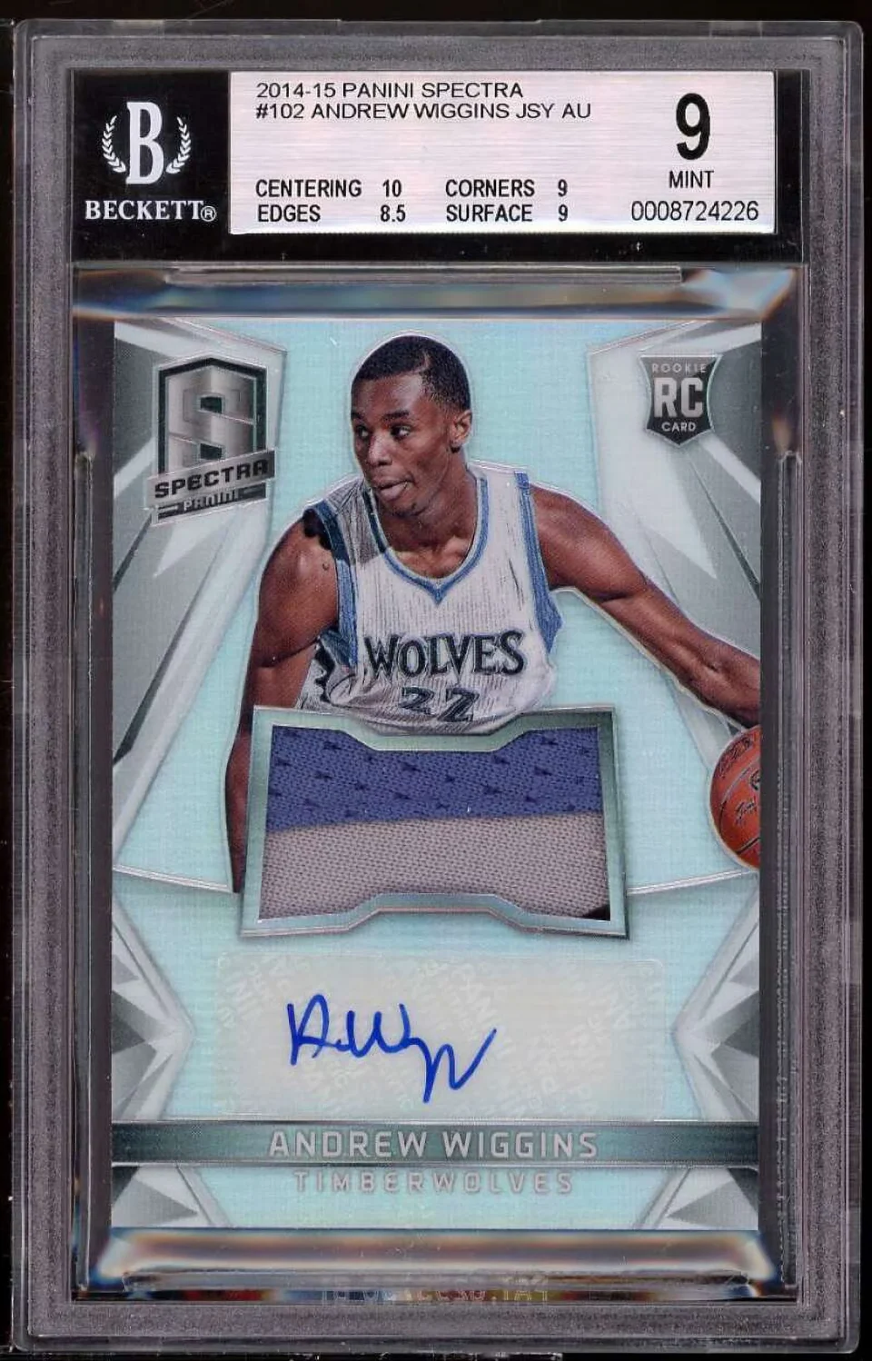 Non-Toxic Andrew Wiggins Rookie Card 2014-15 Panini Spectra JSY AU #102 BGS 9 (10 9 8.5 9)