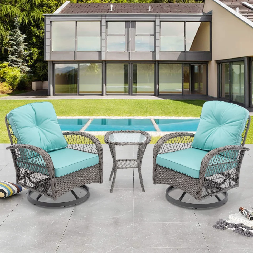 Essential iRerts Outdoor Rocking Bistro Set, Outdoor Wicker Bistro Set Rattan Chair Conversation Set, Outdoor Rocking Chairs Patio Furniture Sets with Coffee Table for Yard Lawn Porch Poolside Balcony, Blue