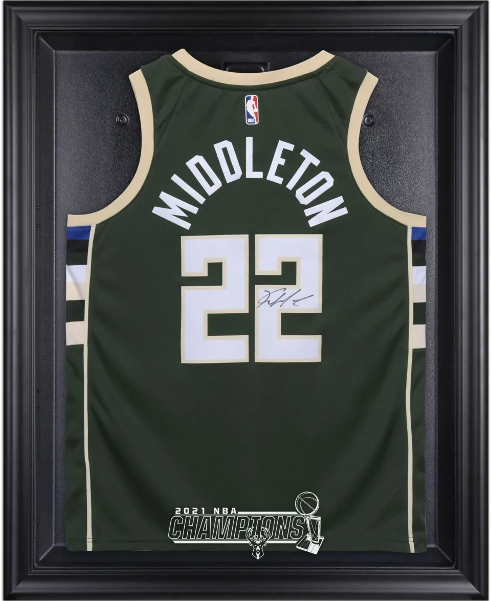 Popular Upgraded Milwaukee Bucks Black Framed 2021 NBA Finals Champions Logo Jersey Display Case