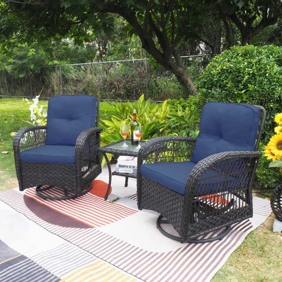 Natural Skypatio 3PCS Outdoor Swivel Rocker, Patio RattanFurniture Rocker Sets,2 Chairs & Side Table, Navy Blue