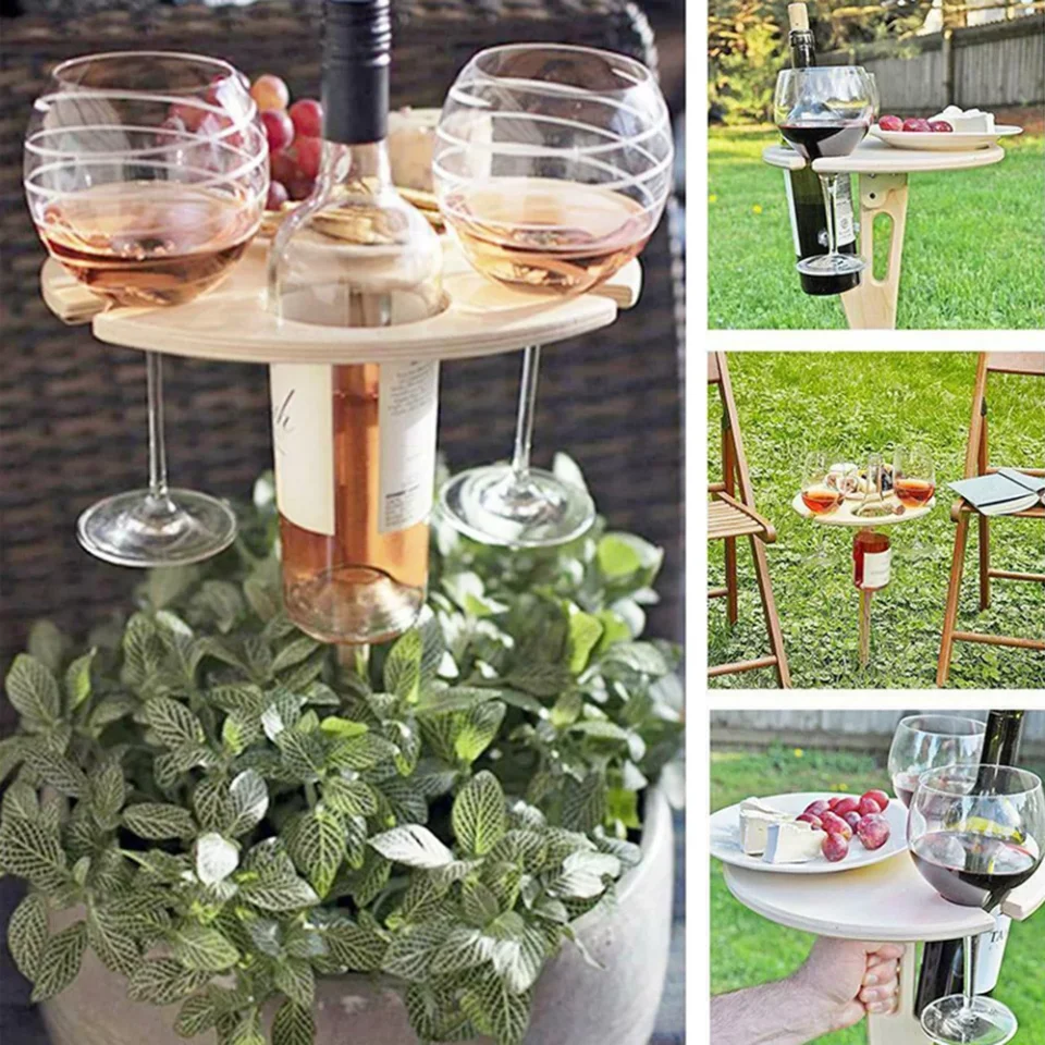 Bamboo Baking Lixada Wooden Wine Table Portable Folding Outdoor with Wine Glass Holder for Beach Backyard Picnic Party Use