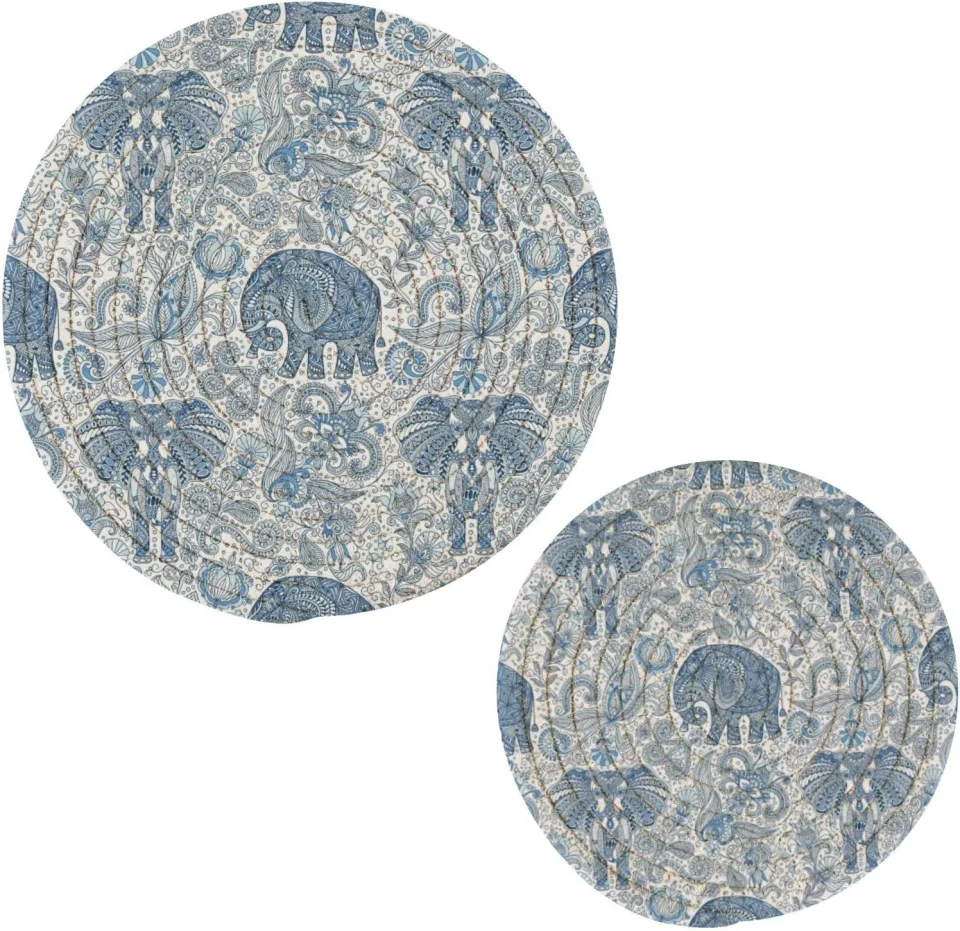 Multi-Purpose Popular Coolnut Paisley Ethnic Elephant Totem Pot Holder Set of 2, Wear-Resistant and Non-Slip Stylish Round Pot Holder for Daily Kitchen, Dining Table, Office, Cafe, Restaurant, BBQ Home Decor Gifts
