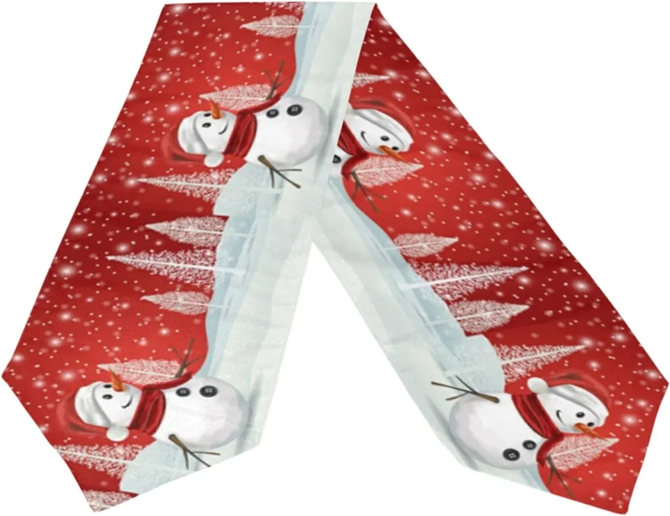 Premium Essential Bestwell Double Sided Christmas Snowman Snowflake Tree Long Polyester Table Runner 13 x 70 Inches, Christmas Holiday Table Cloth Cover Placemats for Kitchen Dinning Living Wedding Party Decor