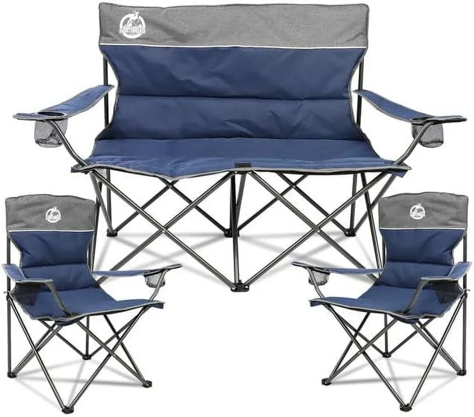 Ceramic Best-Selling Outdoor Camping Chair Set of 3,Folding Padded Camp Chair,Collapsible Conversation Set w/One Sofa,Two Single Chairs for Family Patio,Beach (No Table, Blue)