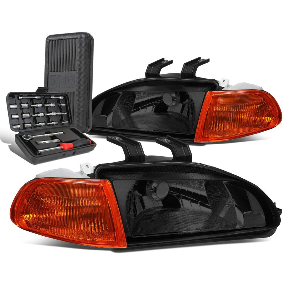 Frosted Polished 1992-1995 Honda Civic Smoked Housing Clear Signal Headlight Lamps+Tool Box