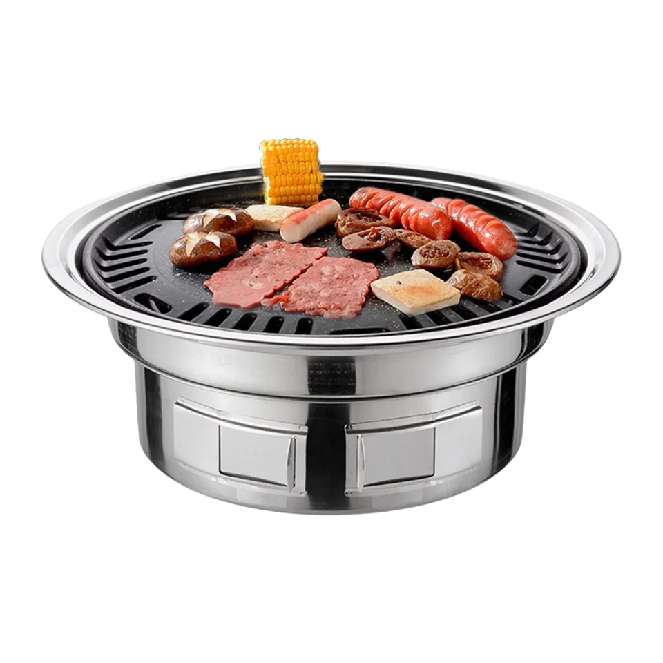 BPA-Free 13 Inch Korean BBQ Grill Multifunctional Charcoal Barbecue Grill Round Camping Grill Tabletop Smoker Grill Grilled Net & Tray for Courtyard Picnic Beach BBQ