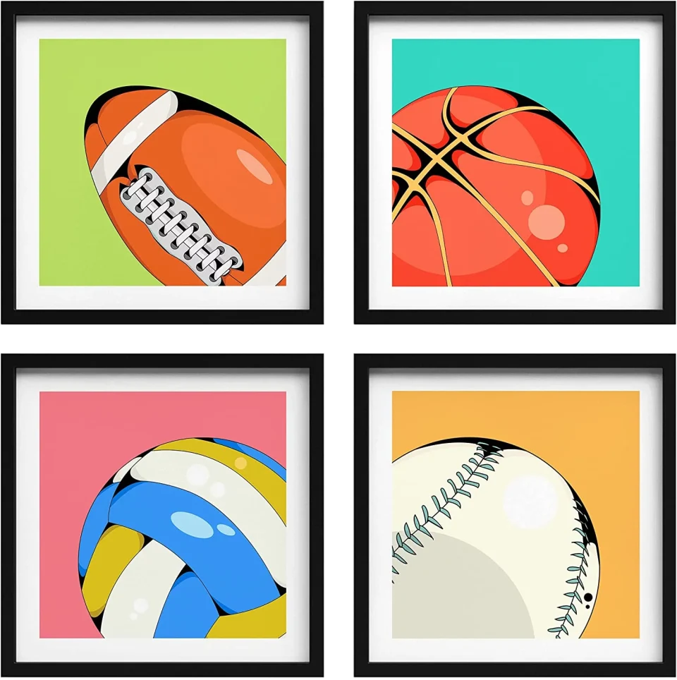 Portable PixonSign Framed Wall Art Collage Print Gallery Set Cel-Shaded Football, Basketball, Volleyball Variety Sports Athletes Digital Art Pop Multicolor for Living Room, Bedroom, Office - 12x12x4 BLACK