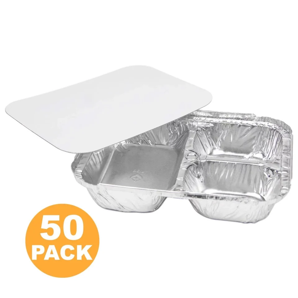 Ceramic 3 Compartment 8.5 x 6.5 x 1.5 Rectangular Disposable Aluminum Foil Pan Take Out Food Containers with Flat Board Lids, Hot Cold Freezer Oven Safe [50 Pack]