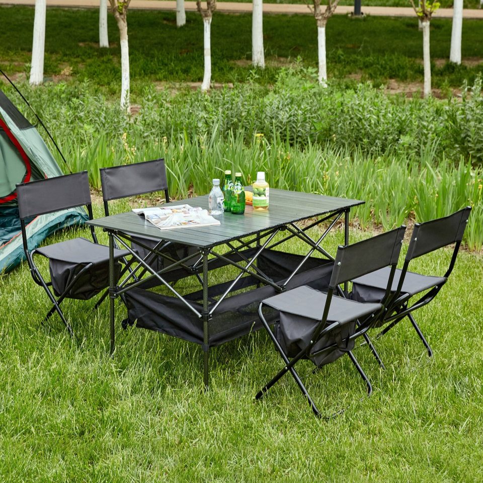 Versatile Top-Rated Set of 5, Folding Outdoor Table and Chair Set for Indoor, Outdoor Camping, Picnics, Beach,Backyard, BBQ, Party, Patio, Black/Gray
