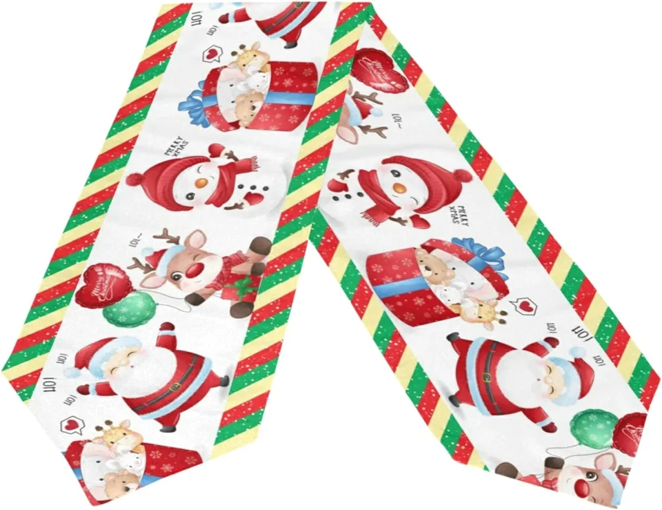 Essential Dreamtimes Double Sided Christmas Santa Claus Long Polyester Table Runner 13 x 70 Inches Christmas Snowman Table Cloth Cover Placemats for Kitchen Dinning Living Holiday Wedding Party Decor