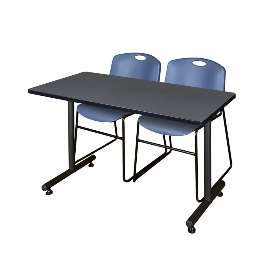 Frosted Dining Belen Kox 48 x 24 Kobe Training Table- Grey & 2 Zeng Stack Chairs- Blue