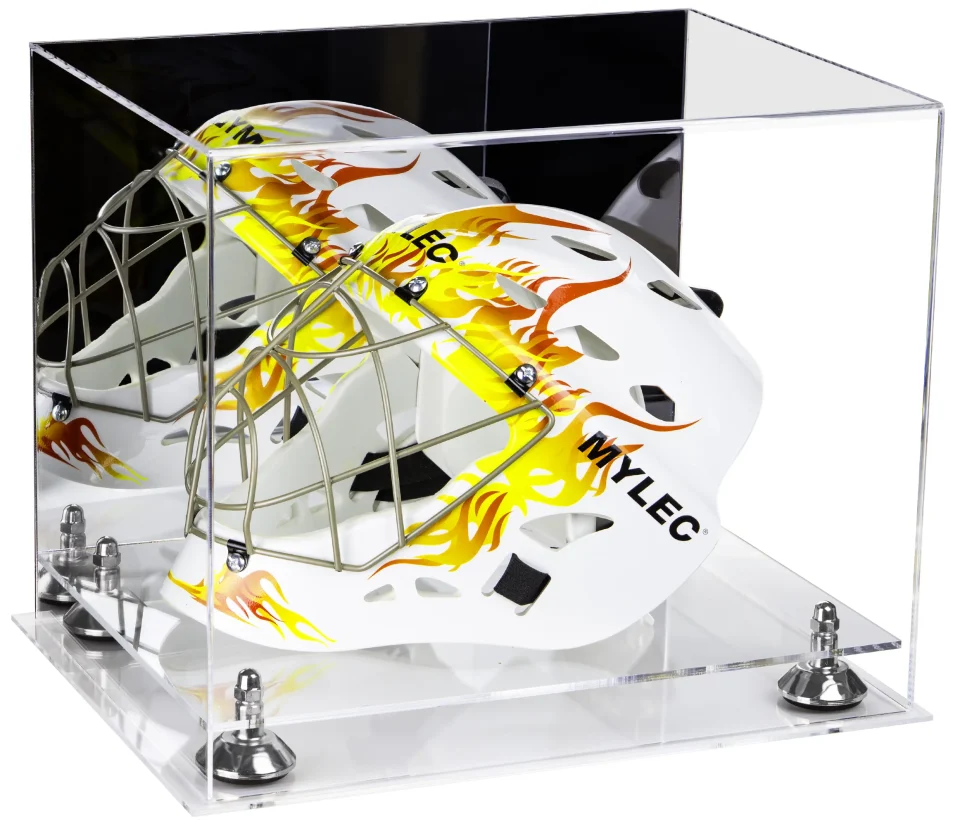 Portable Gift-Ready Deluxe Acrylic Lacrosse Helmet Display Case with Mirror, Silver Risers and Clear Base (A002-SR)