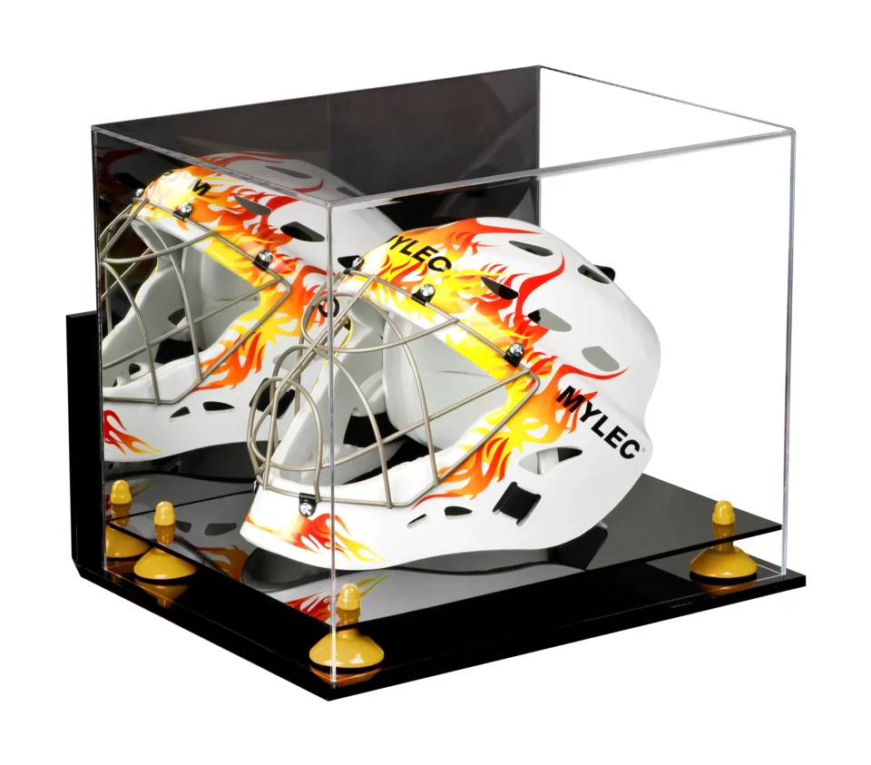 Popular Acrylic Lacrosse Helmet Display Case with Mirror, Wall Mount and Yellow Risers (A002-YR)