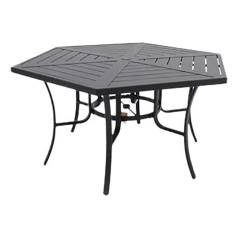 Select Cooking Four Seasons Courtyard BLK00912H01 Naples Slat-Top Dining Table, Steel Frame, 53 x 62 In. Hexagon - Quantity 1