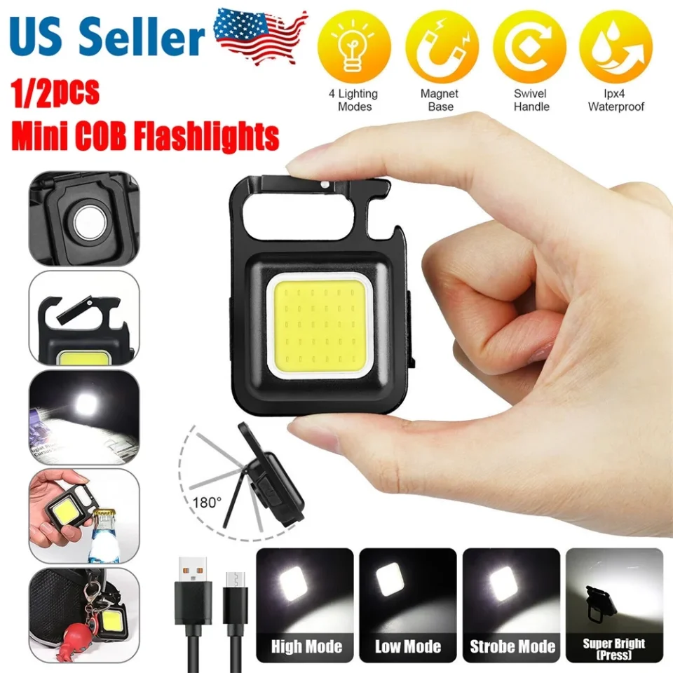 Prime COB Keychain Work Light Keychain Flashlights 4 Light Modes 800Lumen,Keychain Light Emergency Light with Folding Bracket Bottle Opener and Magnet Base,Camping and Walking