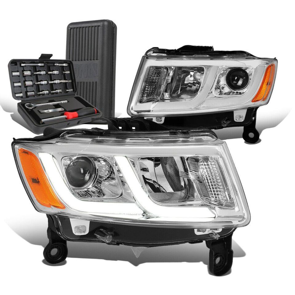 Prime Baking 2014-2016 Grand Cherokee Pair LED Chrome Amber Projector Headlights+Too