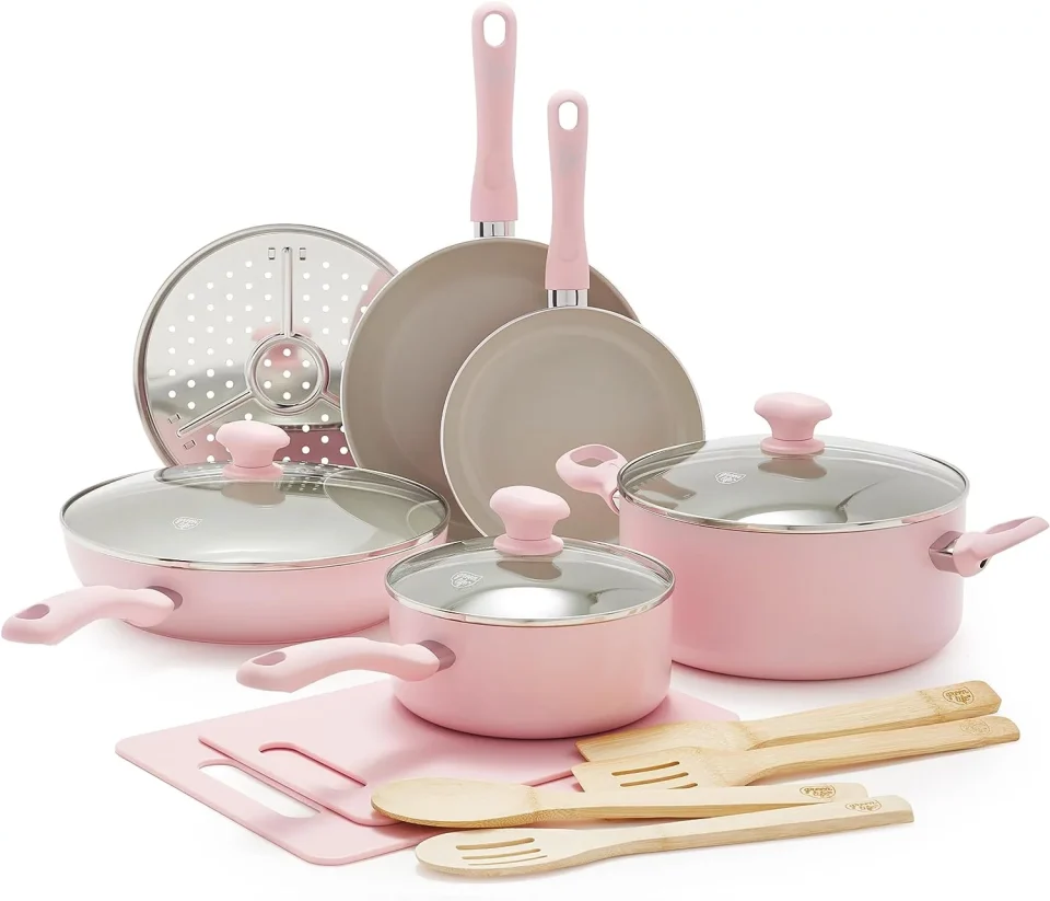 Select Premium PFAS-Free Ceramic Nonstick Cookware Set: 15-Piece Kitchen Pot and Pan Collection in Stylish Pink Dishwasher Safe