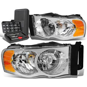 Versatile 2002-2005 Dodge Ram Pickup Pair Chrome/Amber Signal Headlight Lamps+Tool Box