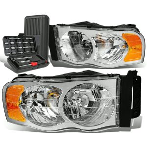 Versatile 2002-2005 Dodge Ram Pickup Pair Chrome/Amber Signal Headlight Lamps+Tool Box