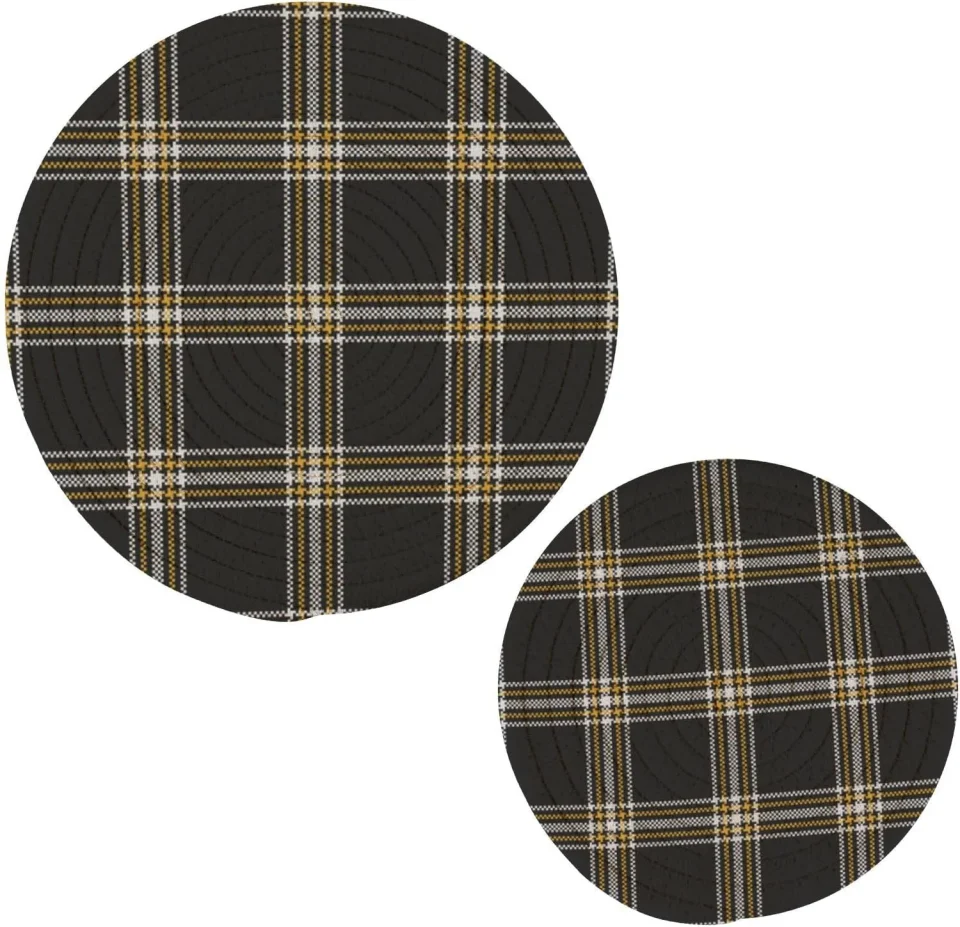 Cast Iron Leak-Proof Bestwell Plaid Pot Holder Set of 2, Pure Cotton Heat Resistant Wear-Resistant and Non-Slip Stylish Round Pot Holder for Daily Kitchen,Dining Table,Office,Cafe, Restaurant,BBQ