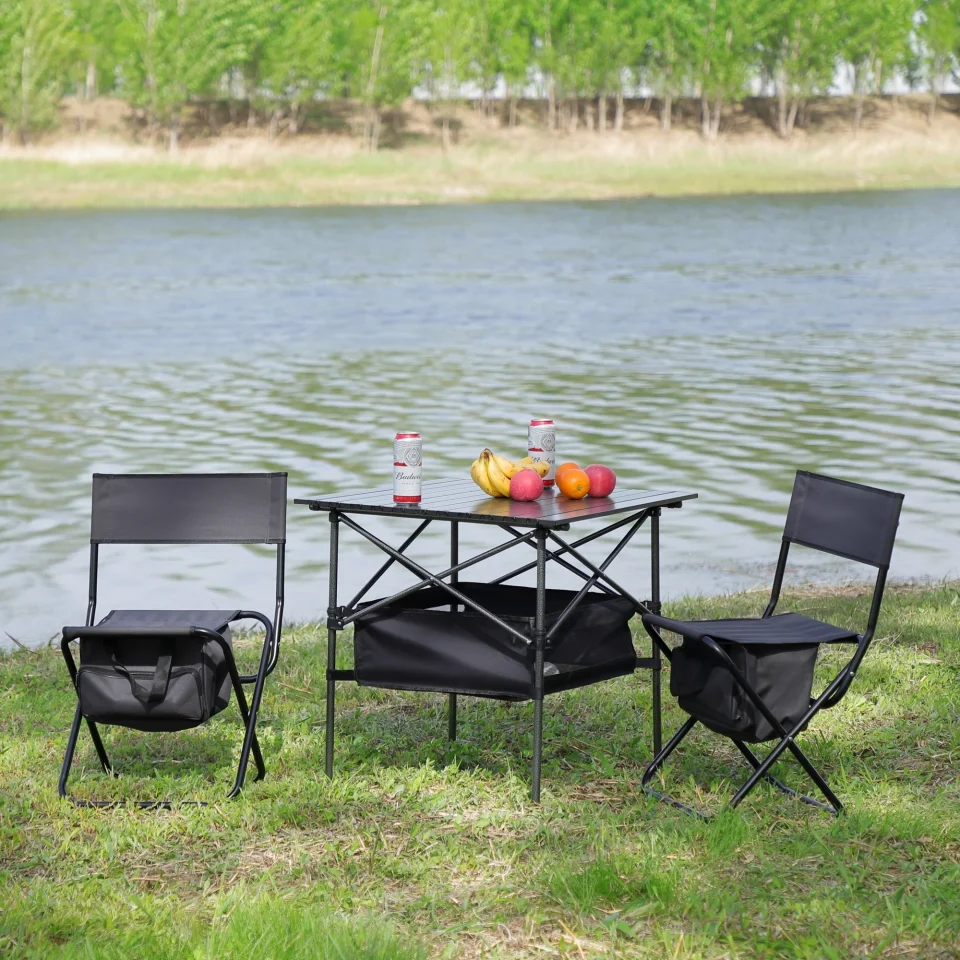 Easy-Clean Set of 3, Folding Outdoor Table and Chairs Set for Indoor, Outdoor Camping, Picnics, Beach,Backyard, BBQ, Party, Patio, Black/Gray