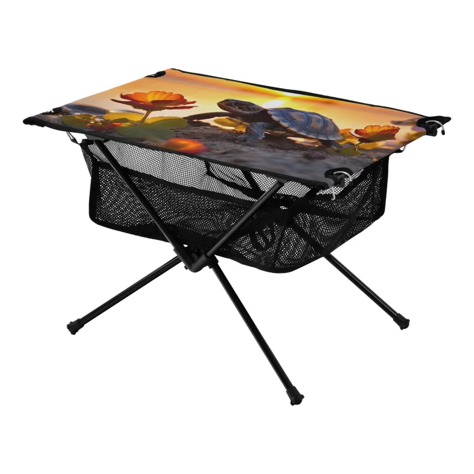 Ceramic Turtle with Sunset Camping Folding Table Portable Beach Table with Storage Bag Compact Picnic Table for Outdoor Travel Fishing BBQ