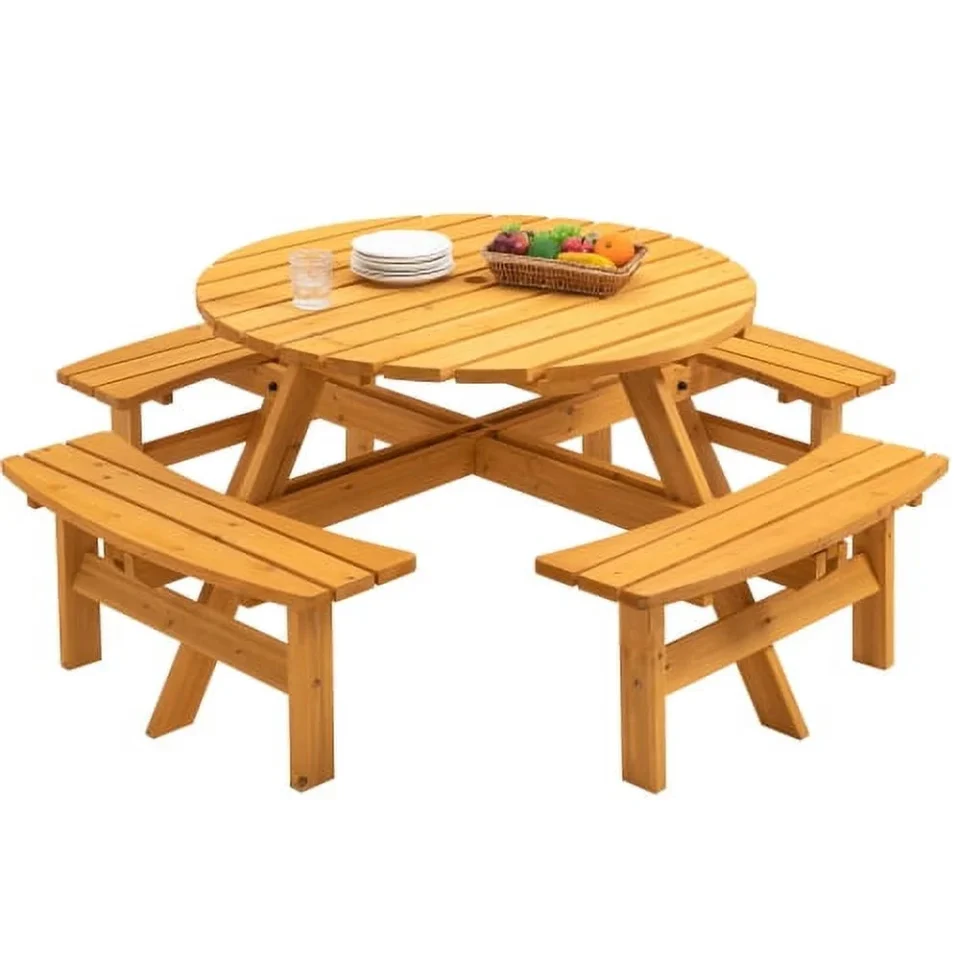 Ultimate 8 Person Wooden Picnic Table, Outdoor Camping Dining Table with Seat, Garden, DIY w/ 4 Built-in Benches, 2220lb Capacity - Natural