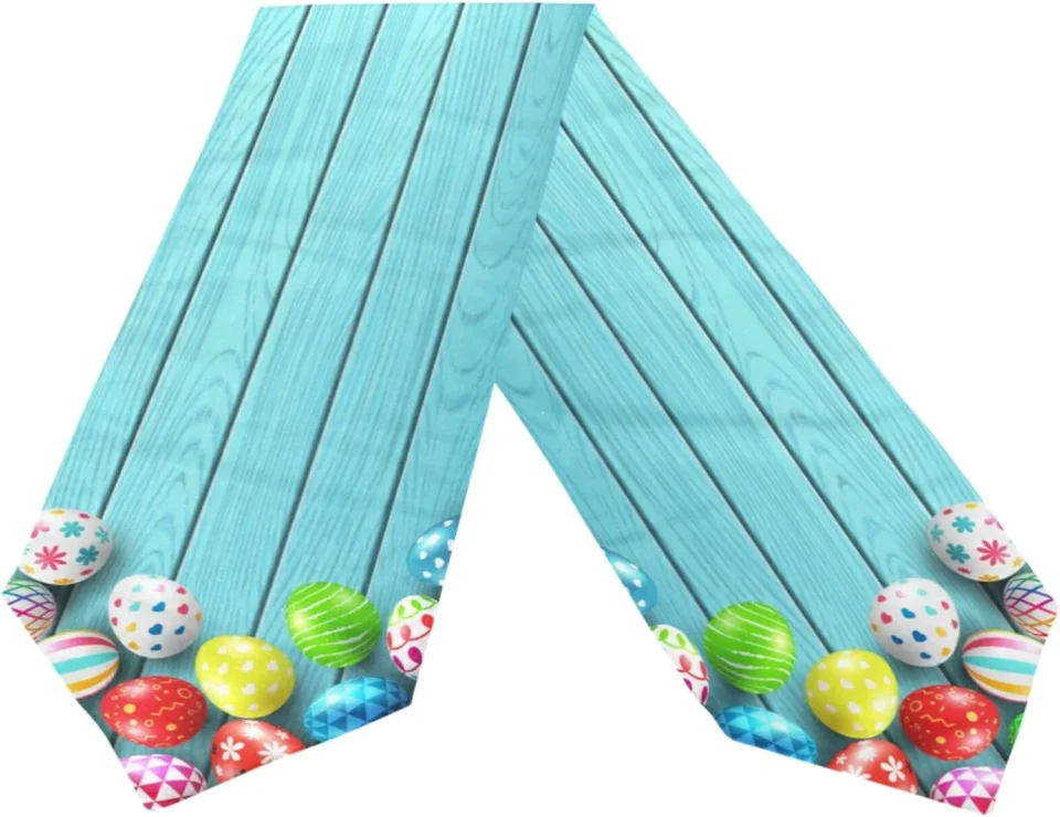 Baking GZHJMY Double Sided Wooden Colorful Easter Eggs Long Polyester Table Runner 13 x 90 Inches Table Cloth Cover Placemats for Kitchen Dinning Living Home Holiday Decor