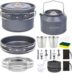 Baking Upgraded Dinithron 22-Piece Camping Cookware Set. Lightweight Non-Stick camping cooking set. Includes Large Pot. 1.6L Kettle