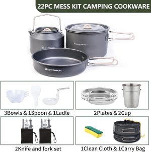 Baking Upgraded Dinithron 22-Piece Camping Cookware Set. Lightweight Non-Stick camping cooking set. Includes Large Pot. 1.6L Kettle