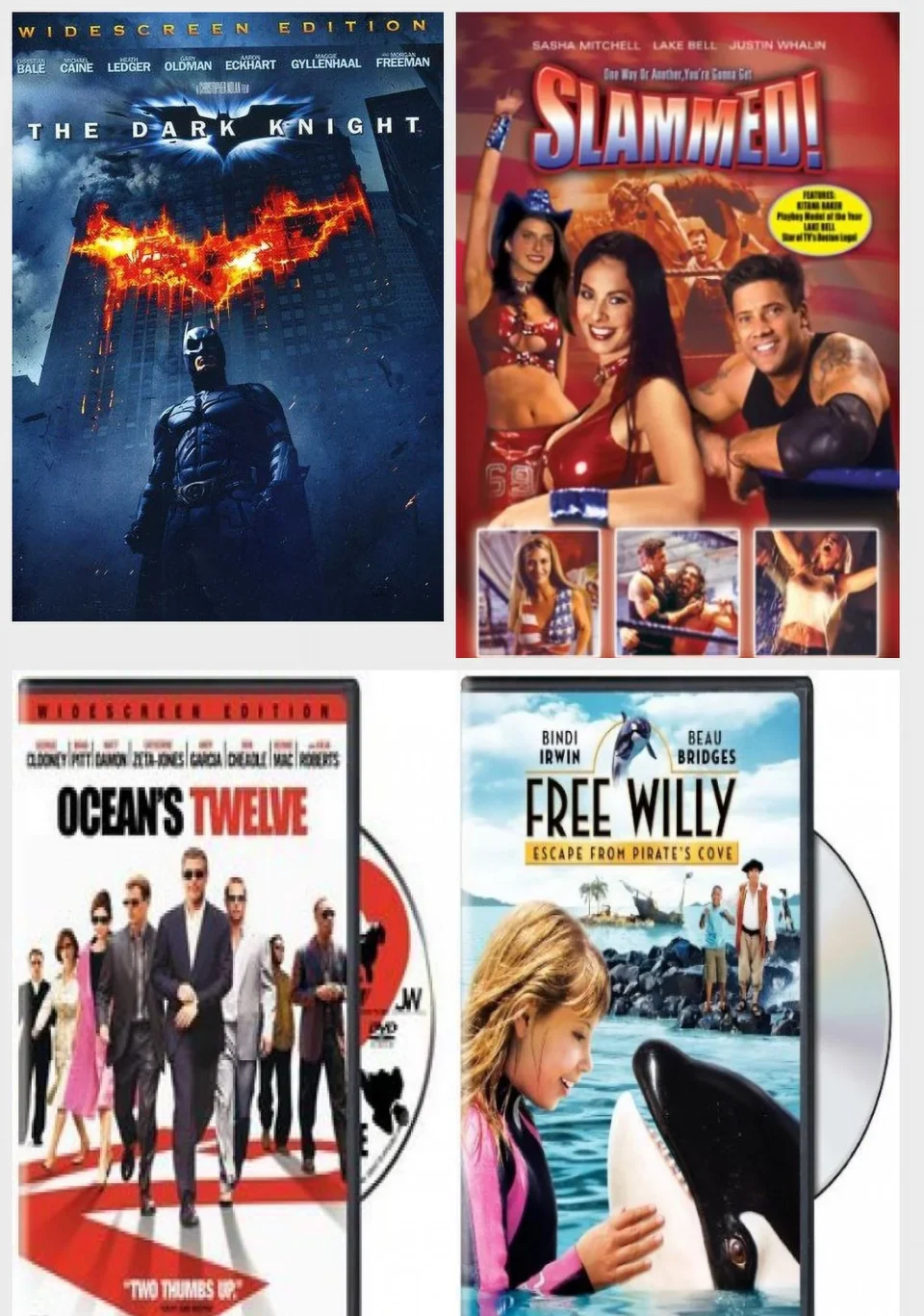 Non-Toxic Value Assorted 4 Pack DVD Bundle: The Dark Knight, Slammed!, OCEANS TWELVE MOVIE, Free Willy: Escape from Pirate's Cove
