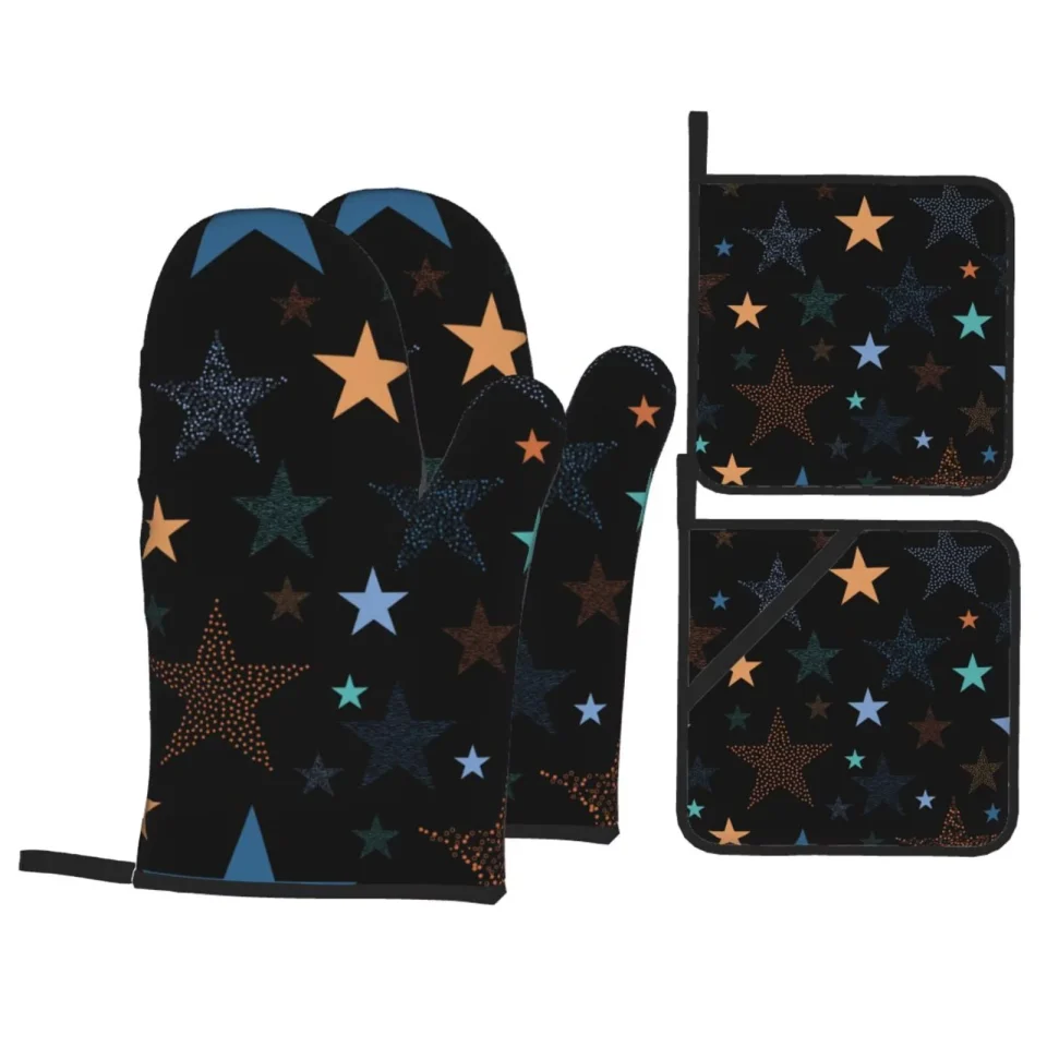Ceramic ZNDUO Oven Mitts and Pot Holders Sets, Colorful Vintage Star Abstract Pattern Non-Slip Cooking Oven Mitts