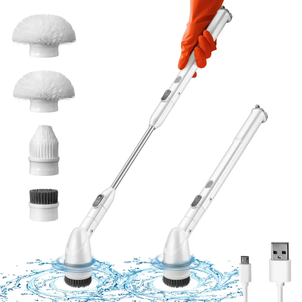 Non-Toxic Durable Pirecart Electric Spin Scrubber, with 4 Replaceable Brush Heads, 2 Adjustable Extension Handle,White
