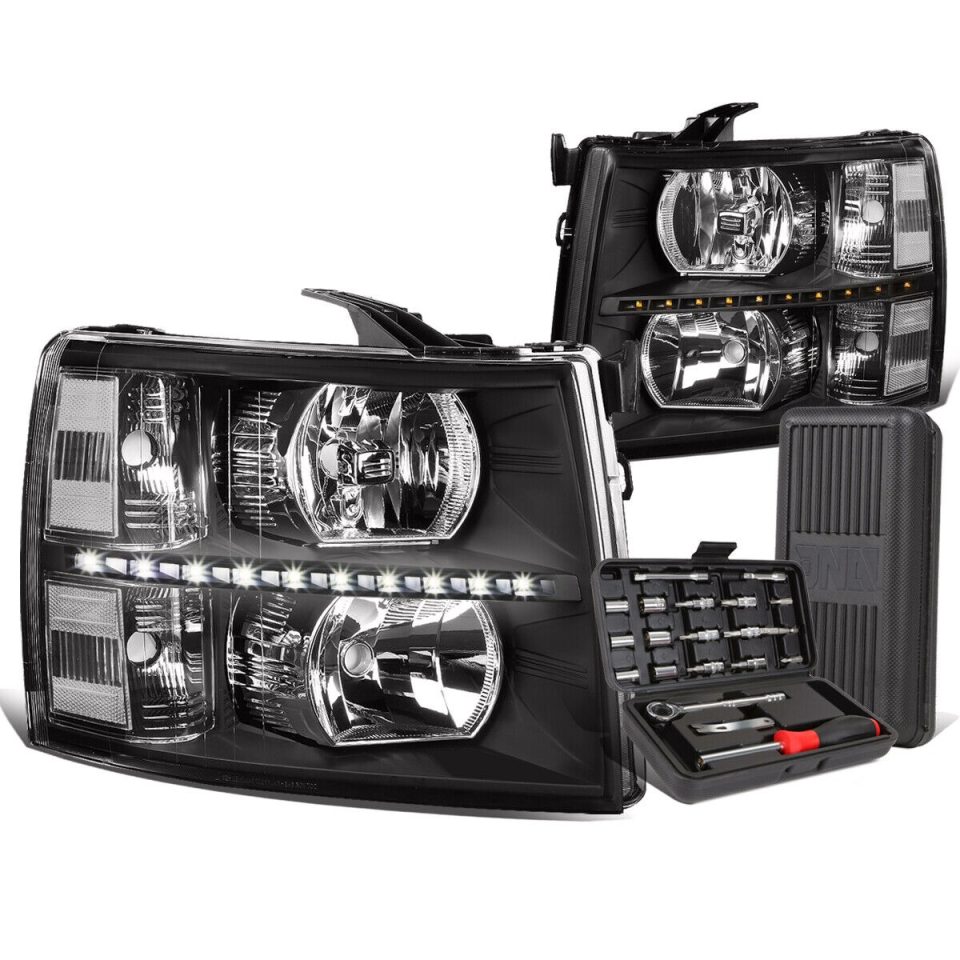 Core Healthy 2007-2014 Chevy Silverado LED DRL Bar Black Clear Side Headlights+Too