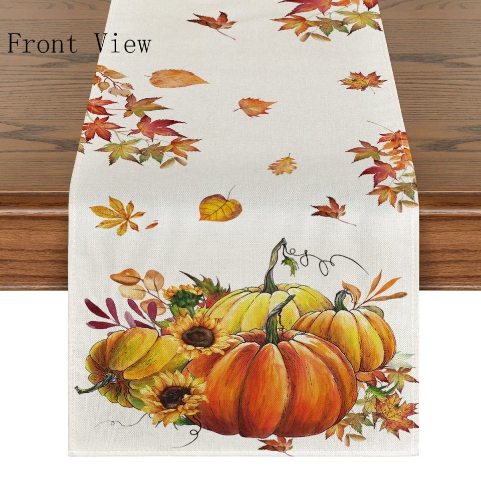 Cast Iron Artoid Mode Fall Pumpkins Sunflowers Maple Leaves Table Runner 13 x 108