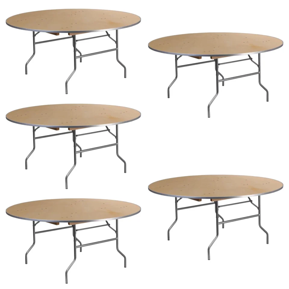 Stainless Steel Dining (5 PACK) 66'' Round Birchwood Folding Banquet Table with Metal Edges - Commercial Quality Banquet Folding Table
