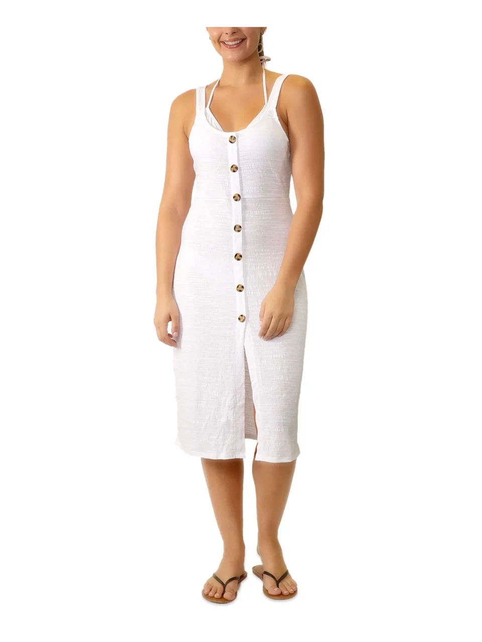 Frosted MIKEN Women's White Stretch Button-Front Scoop Neck Adjustable Scoop Neck Swimsuit Cover Up S